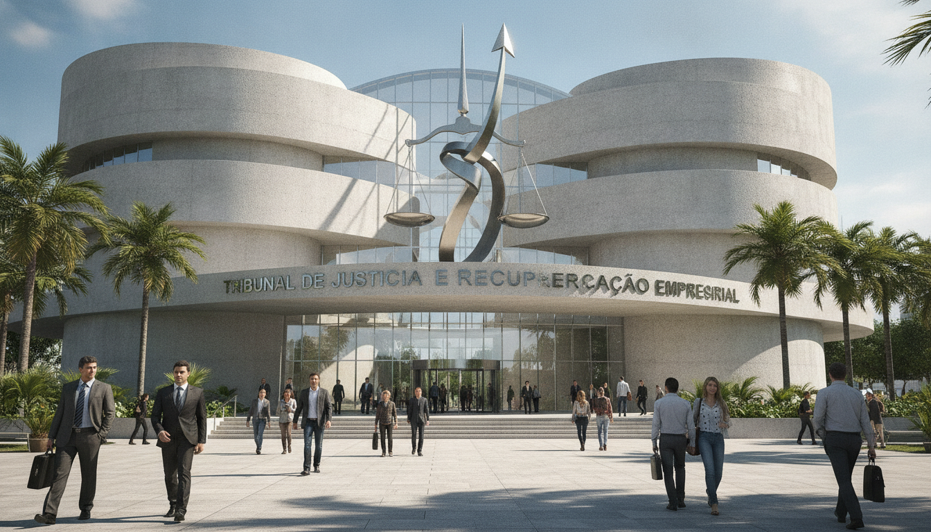 Fachada do tribunal com pessoas na entrada, simbolizando justiça e recuperação empresarial | Imagine Company - Agência de Marketing e Vendas em Goiânia - GO - BRASIL