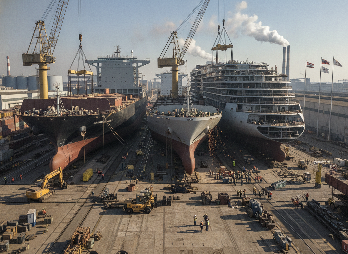 Estaleiro com três navios em construção e guindastes ao redor | Imagine Company - Agência de Marketing e Vendas em Goiânia - GO - BRASIL