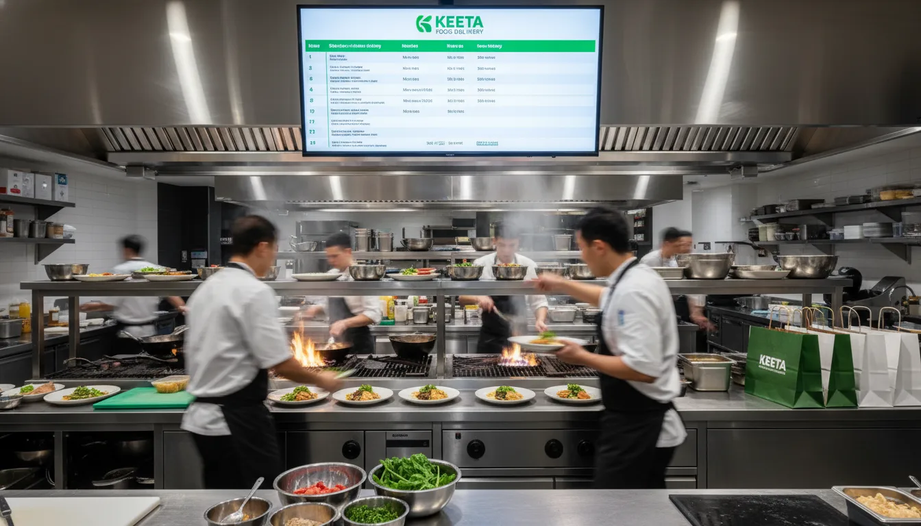 Chefs em ação na cozinha com tela mostrando cláusulas de exclusividade da Keeta | Imagine Company - Agência de Marketing e Vendas em Goiânia - GO - BRASIL