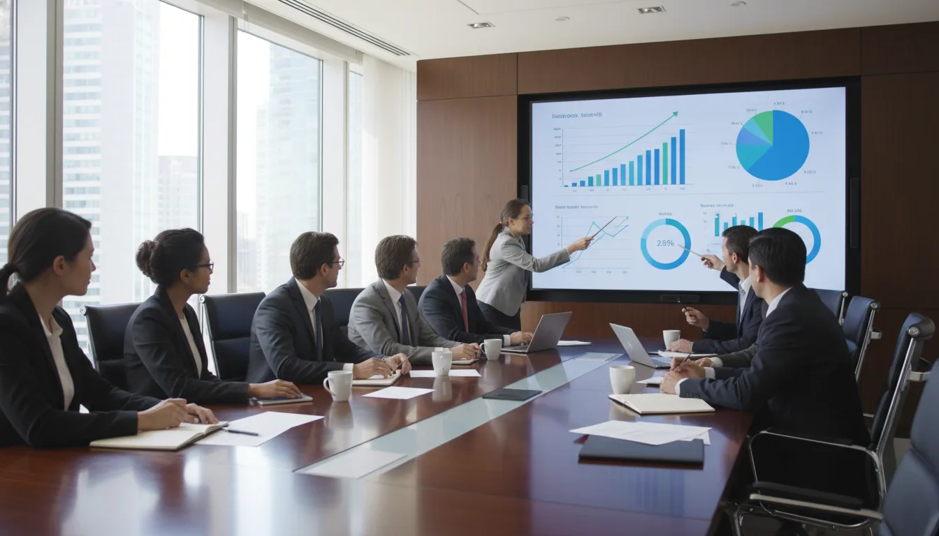Pessoas em reunião analisando gráficos de KPIs em tela grande. | Imagine Company - Agência de Marketing e Vendas em Goiânia - GO - BRASIL