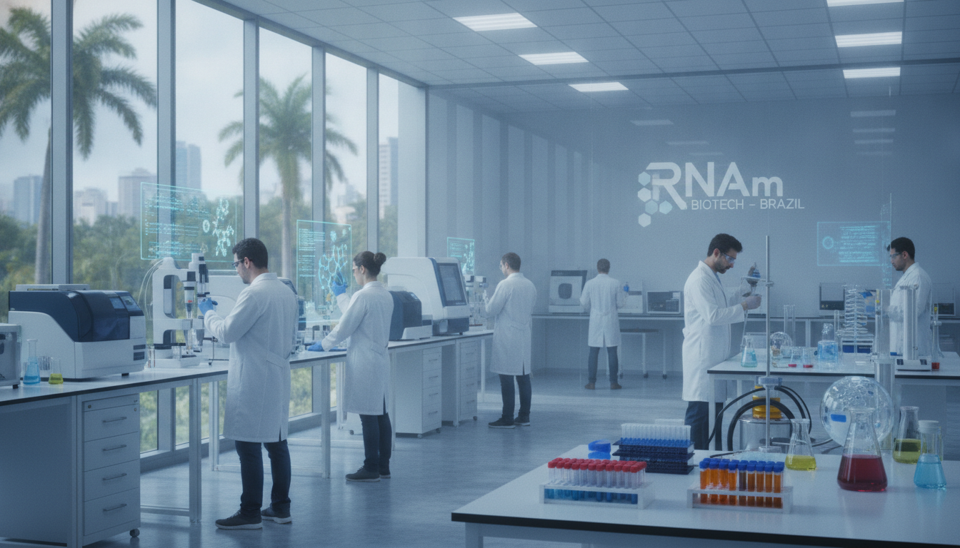 Cientistas em laboratório moderno no Brasil trabalhando com RNA mensageiro. | Imagine Company - Agência de Marketing e Vendas em Goiânia - GO - BRASIL