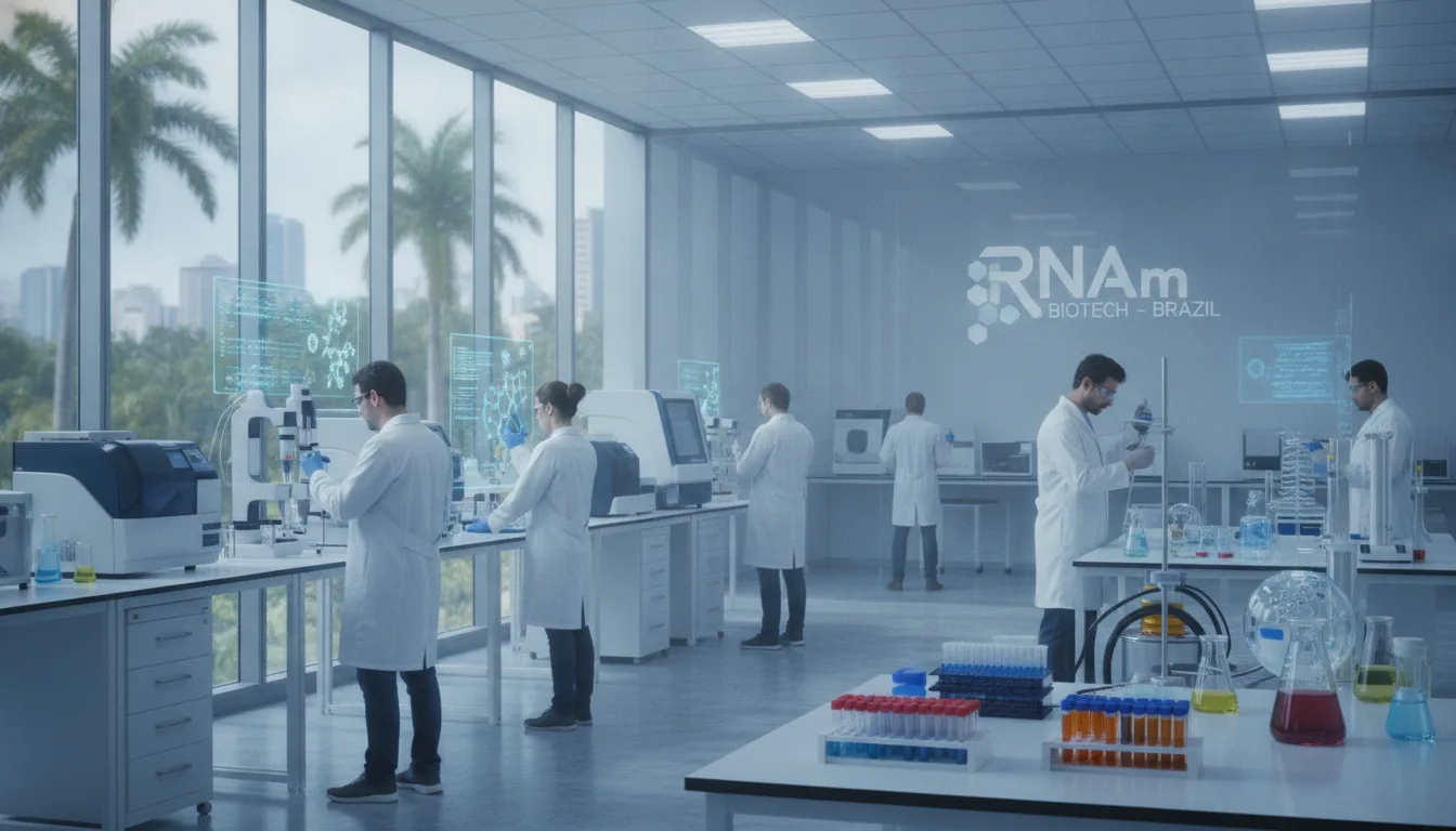 Cientistas em laboratório moderno no Brasil trabalhando com RNA mensageiro. | Imagine Company - Agência de Marketing e Vendas em Goiânia - GO - BRASIL