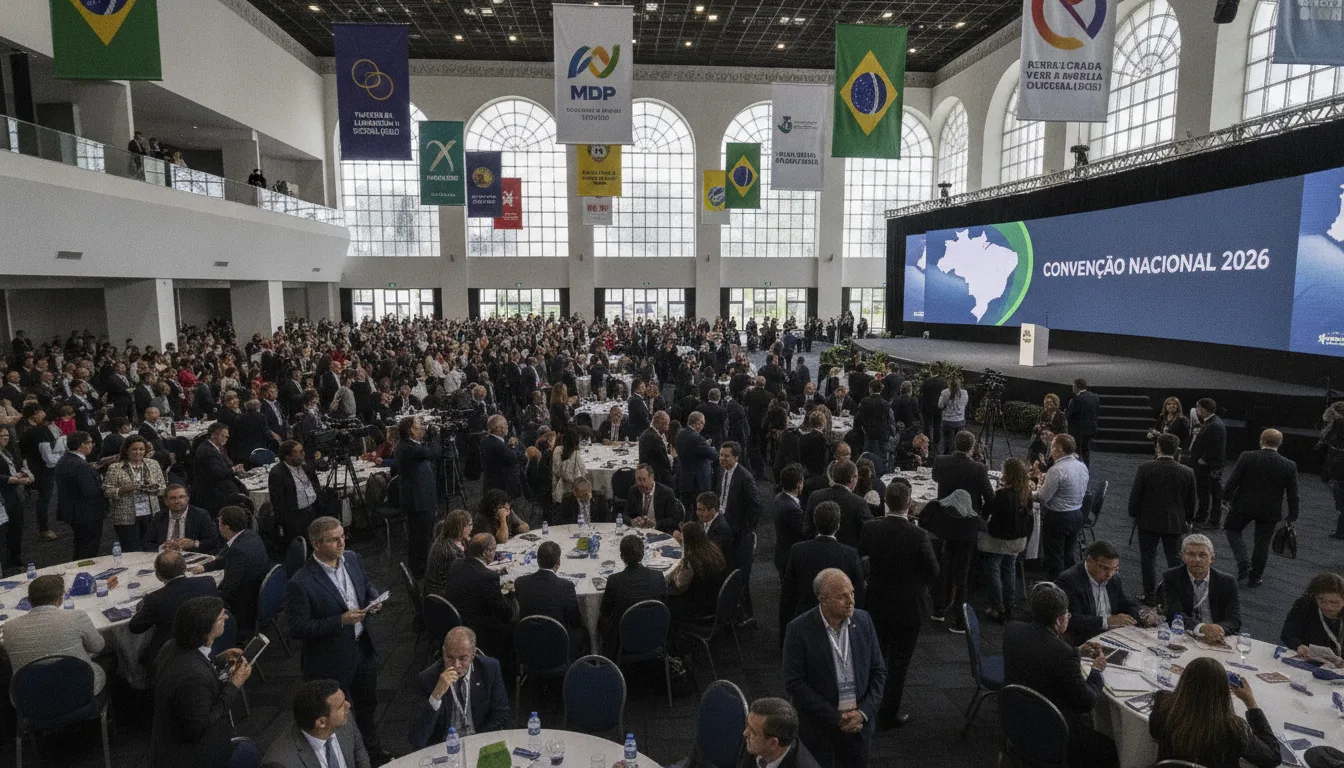 Pessoas reunidas na Convenção Nacional 2026 com bandeiras do Brasil | Imagine Company - Agência de Marketing e Vendas em Goiânia - GO - BRASIL