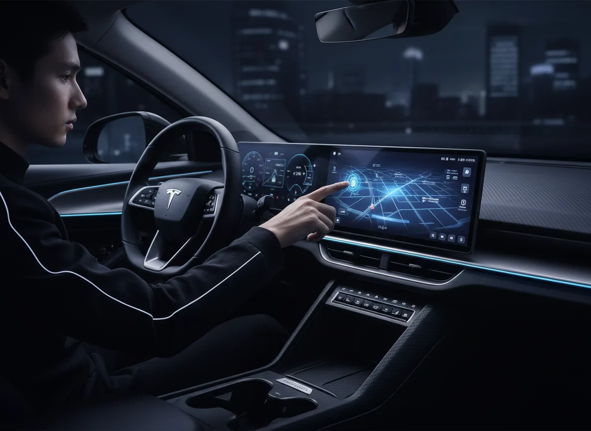 Homem interagindo com painel digital do Leapmotor B10 em ambiente urbano | Imagine Company - Agência de Marketing e Vendas em Goiânia - GO - BRASIL