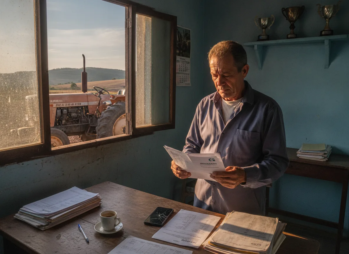 Agricultor em escritório revisando documentos com trator visível pela janela | Imagine Company - Agência de Marketing e Vendas em Goiânia - GO - BRASIL