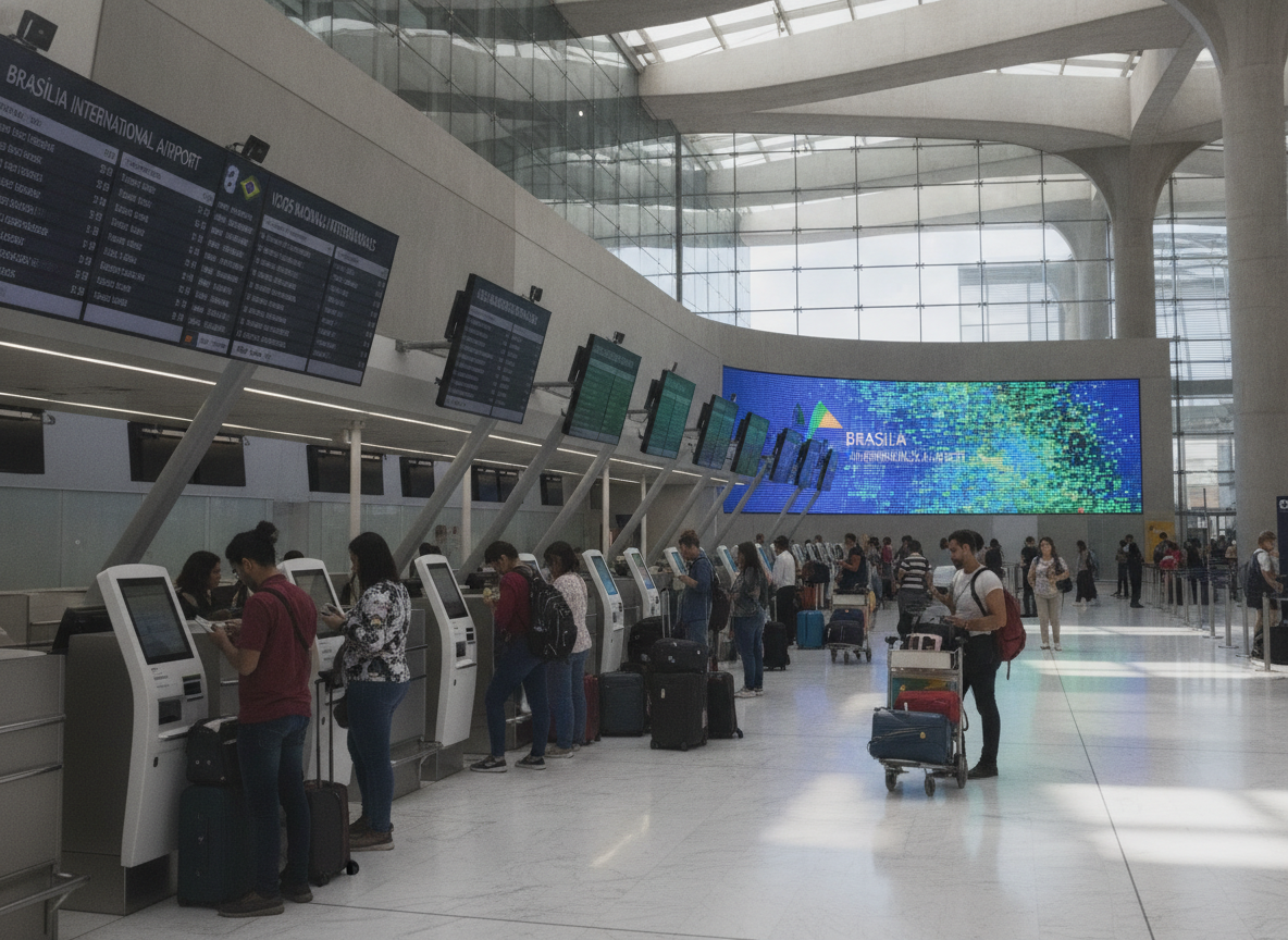 Pessoas no saguão do Aeroporto de Brasília com painéis de voo. | Imagine Company - Agência de Marketing e Vendas em Goiânia - GO - BRASIL