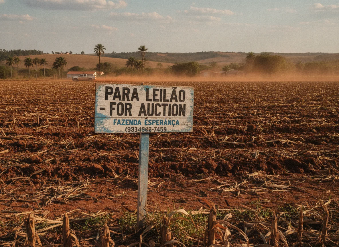 Placa indicando leilão de fazenda em área rural com campo arado ao fundo | Imagine Company - Agência de Marketing e Vendas em Goiânia - GO - BRASIL