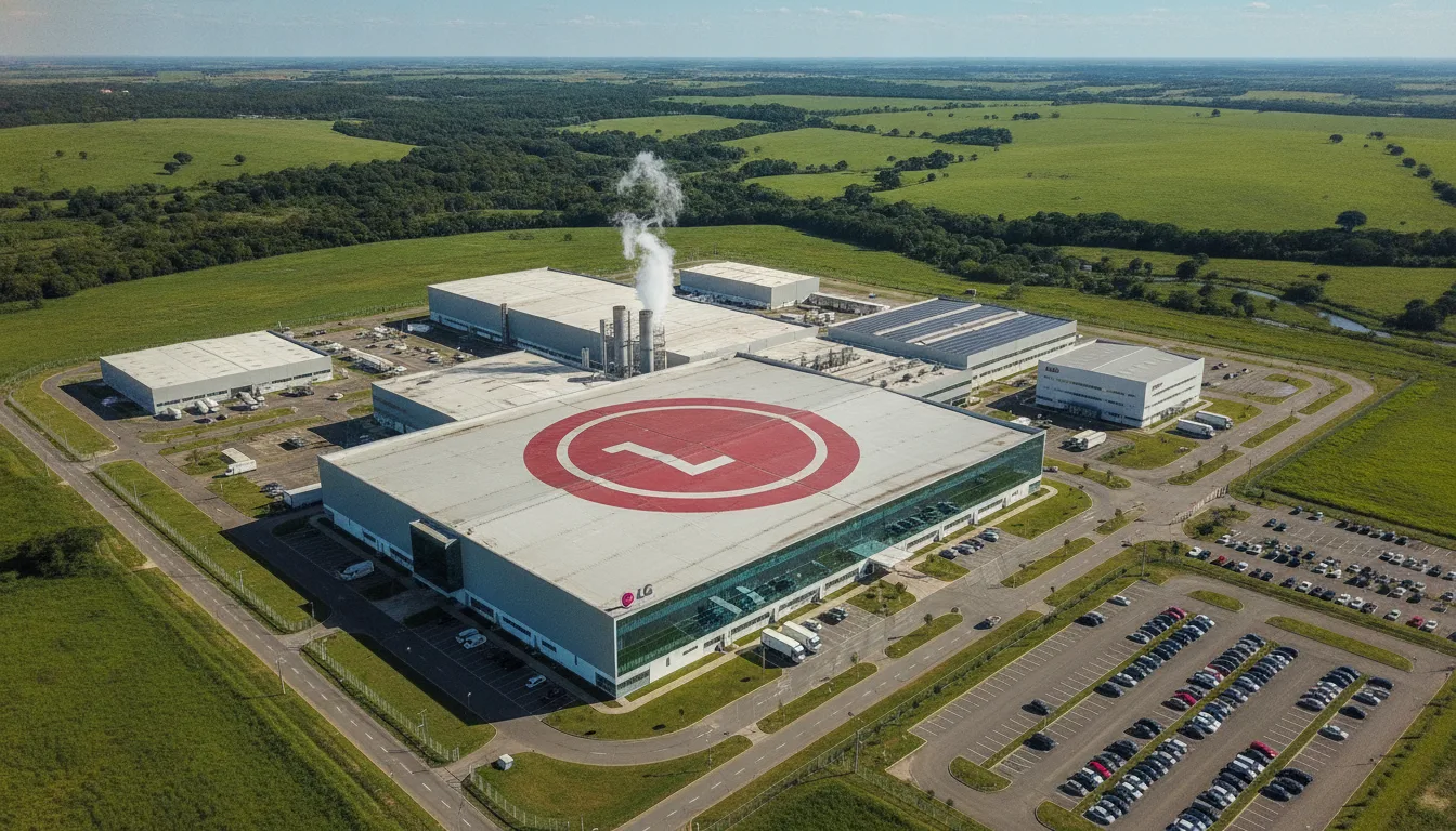 Imagem aérea da fábrica da LG no Paraná com heliponto e estacionamentos | Imagine Company - Agência de Marketing e Vendas em Goiânia - GO - BRASIL