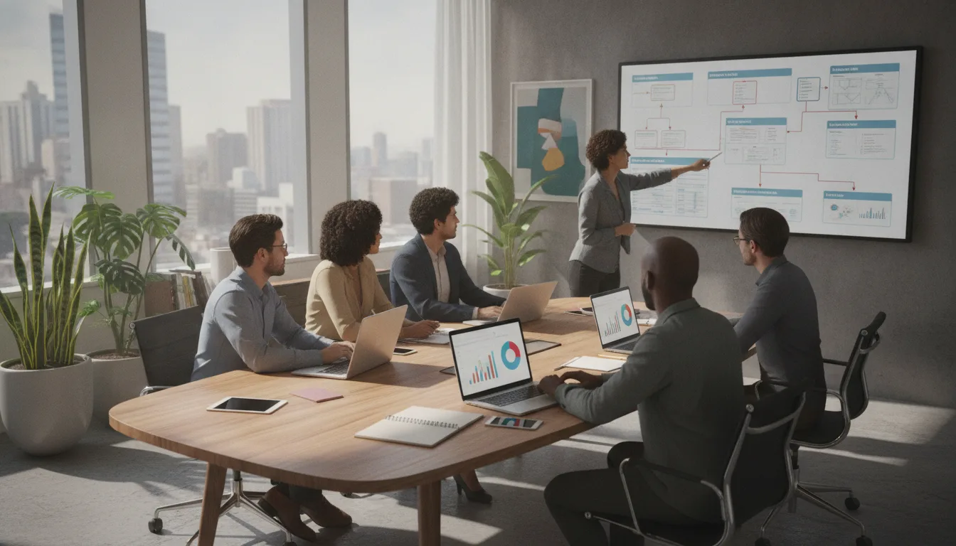 Grupo de pessoas em reunião de marketing digital com gráficos e laptops | Imagine Company - Agência de Marketing e Vendas em Goiânia - GO - BRASIL