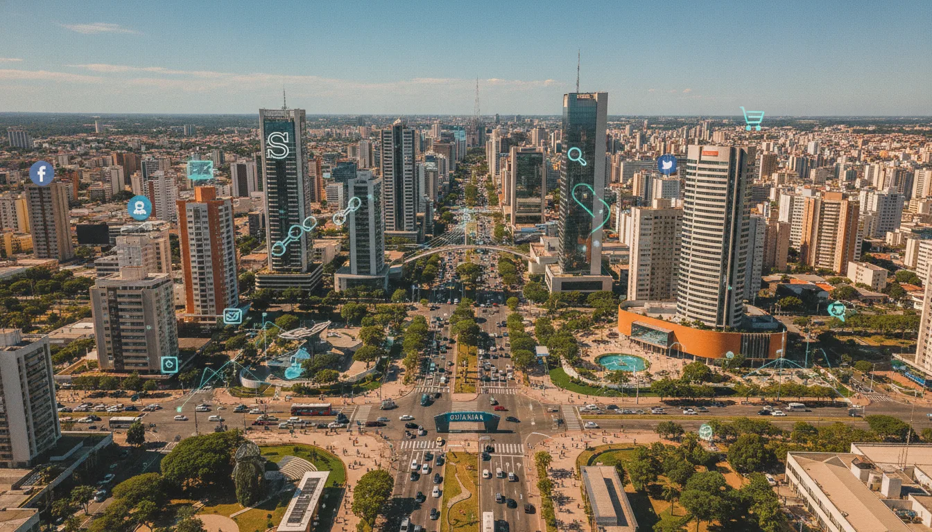 Imagem aérea de Goiânia com ícones de SEO representando estratégias de link building local | Imagine Company - Agência de Marketing e Vendas em Goiânia - GO - BRASIL