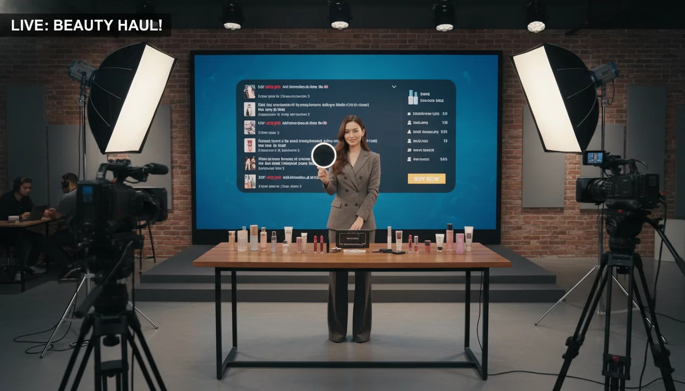 Apresentadora em live de produtos de beleza em estúdio com câmeras e iluminação | Imagine Company - Agência de Marketing e Vendas em Goiânia - GO - BRASIL