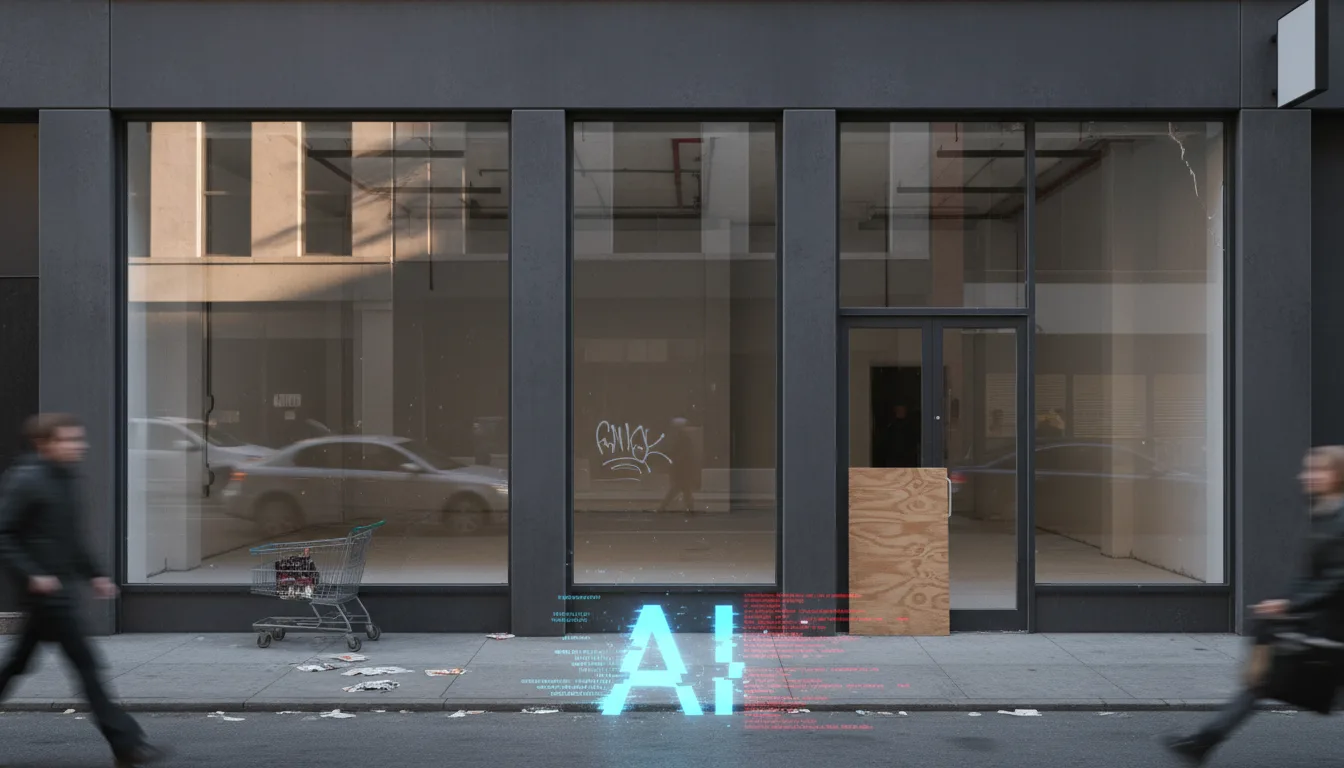 Fachada de loja vazia com grafite e carrinho de compras na calçada. | Imagine Company - Agência de Marketing e Vendas em Goiânia - GO - BRASIL