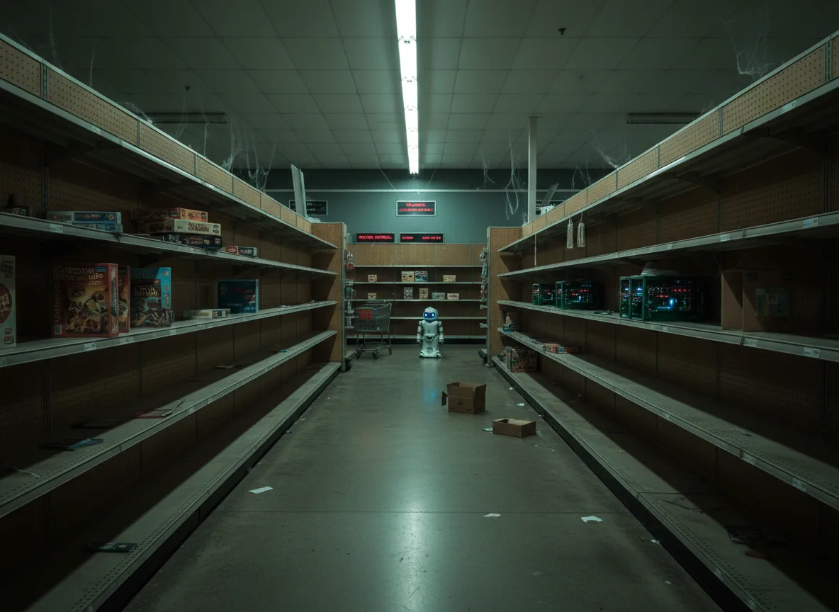 Corredor vazio de loja com robô ao fundo, simbolizando prejuízo | Imagine Company - Agência de Marketing e Vendas em Goiânia - GO - BRASIL