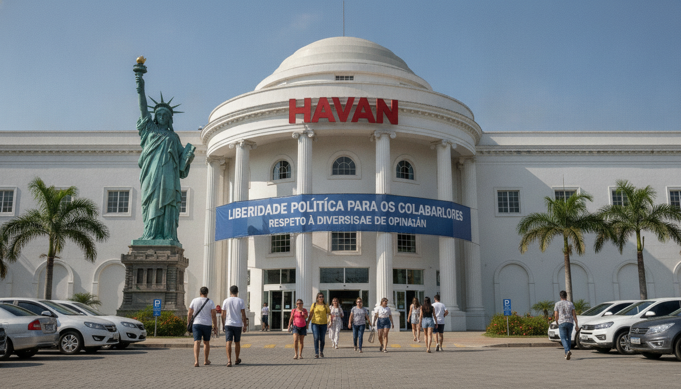 Entrada da loja Havan com cartaz de liberdade política e diversidade | Imagine Company - Agência de Marketing e Vendas em Goiânia - GO - BRASIL