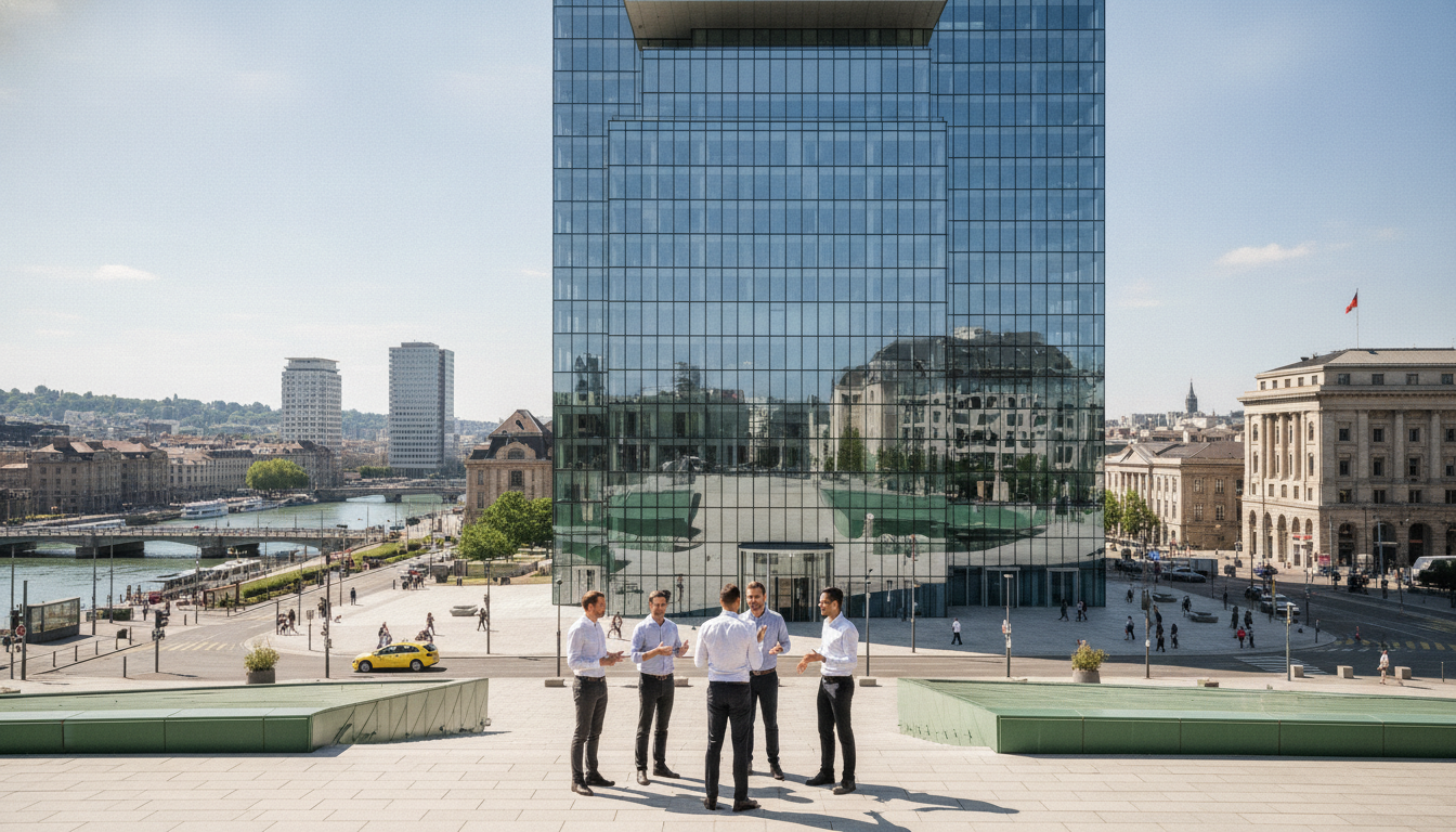 Grupo de pessoas em frente a prédio espelhado em cidade, simbolizando inovação e liderança | Imagine Company - Agência de Marketing e Vendas em Goiânia - GO - BRASIL