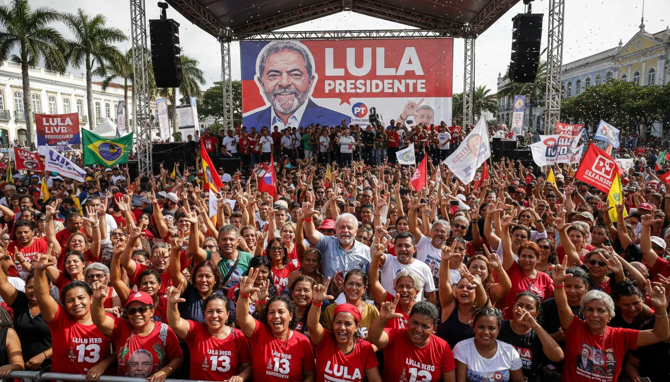Lula em comício com apoiadores, palco e cartazes | Imagine Company - Agência de Marketing e Vendas em Goiânia - GO - BRASIL