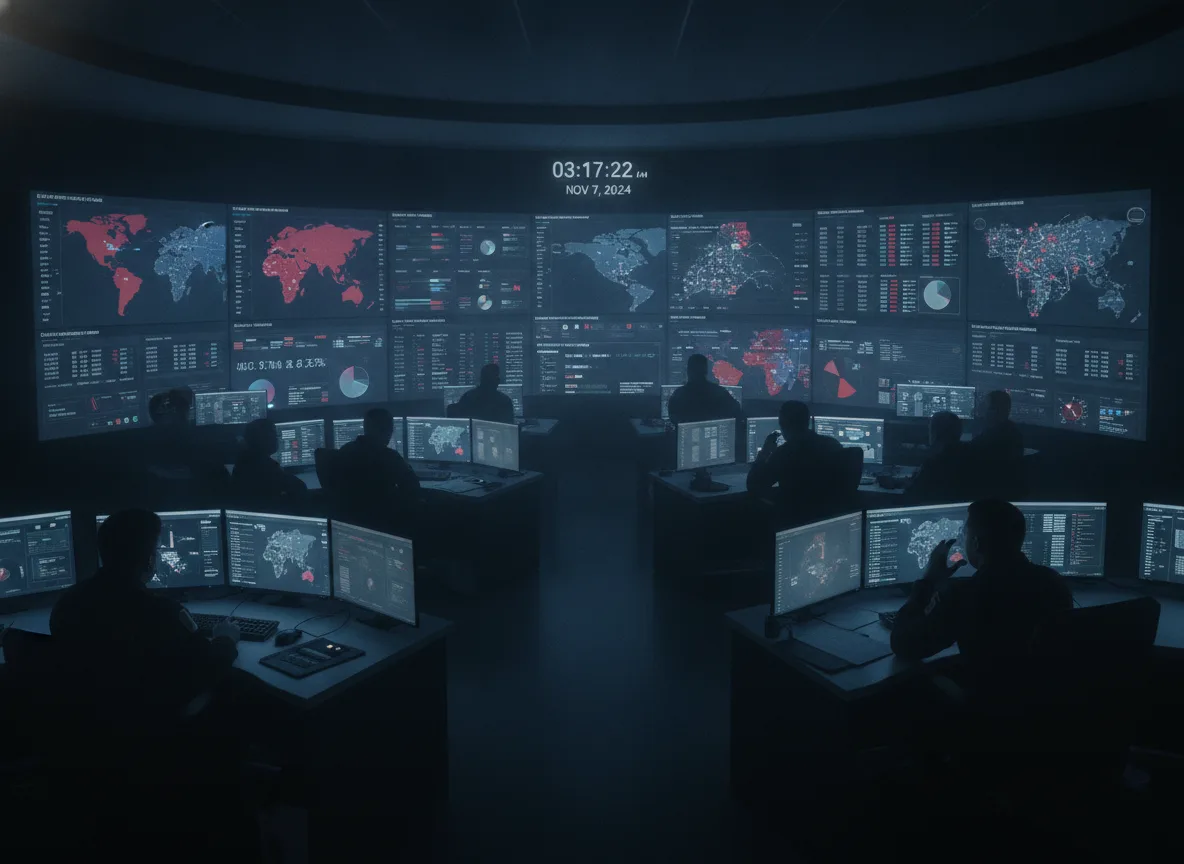 Analistas em sala de controle com múltiplas telas exibindo mapas e dados | Imagine Company - Agência de Marketing e Vendas em Goiânia - GO - BRASIL