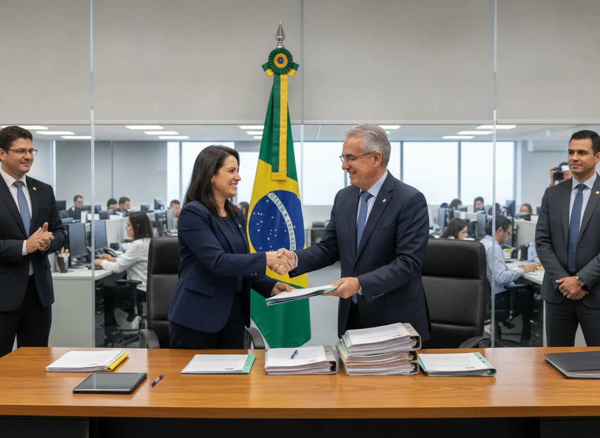 Reunião governamental com troca de documentos e bandeira do Brasil ao fundo | Imagine Company - Agência de Marketing e Vendas em Goiânia - GO - BRASIL