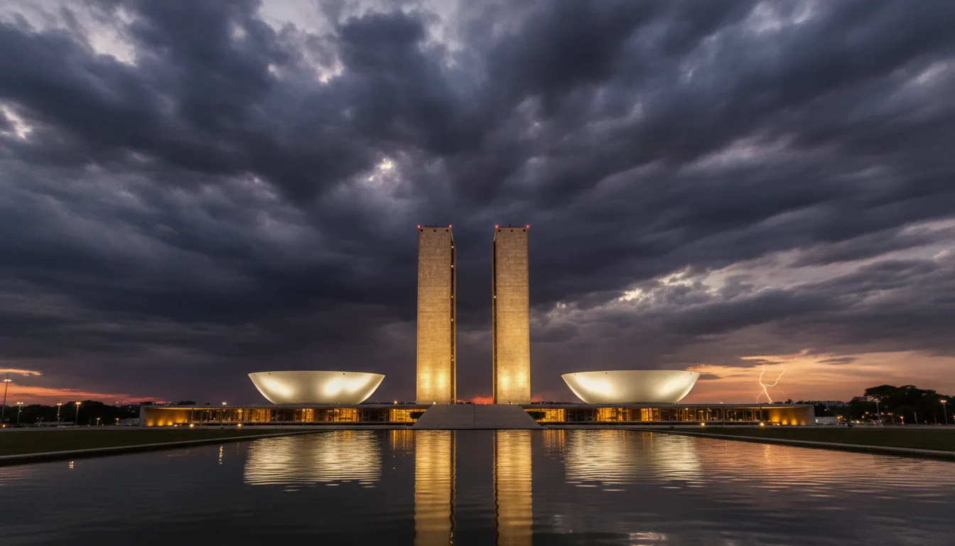 Congresso Nacional em Brasília com céu nublado e relâmpago ao fundo | Imagine Company - Agência de Marketing e Vendas em Goiânia - GO - BRASIL
