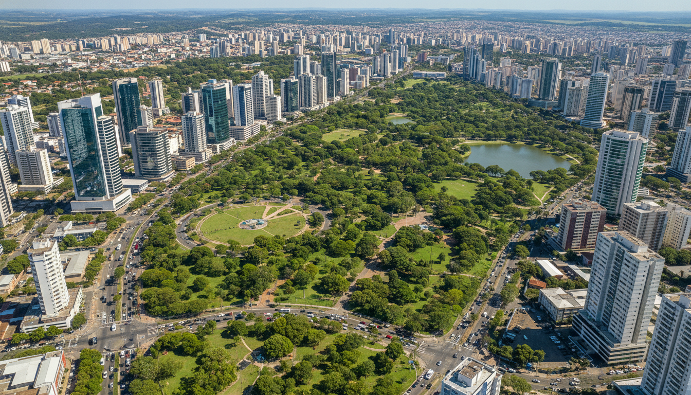 Vista aérea de Goiânia mostrando parques e prédios altos | Imagine Company - Agência de Marketing e Vendas em Goiânia - GO - BRASIL