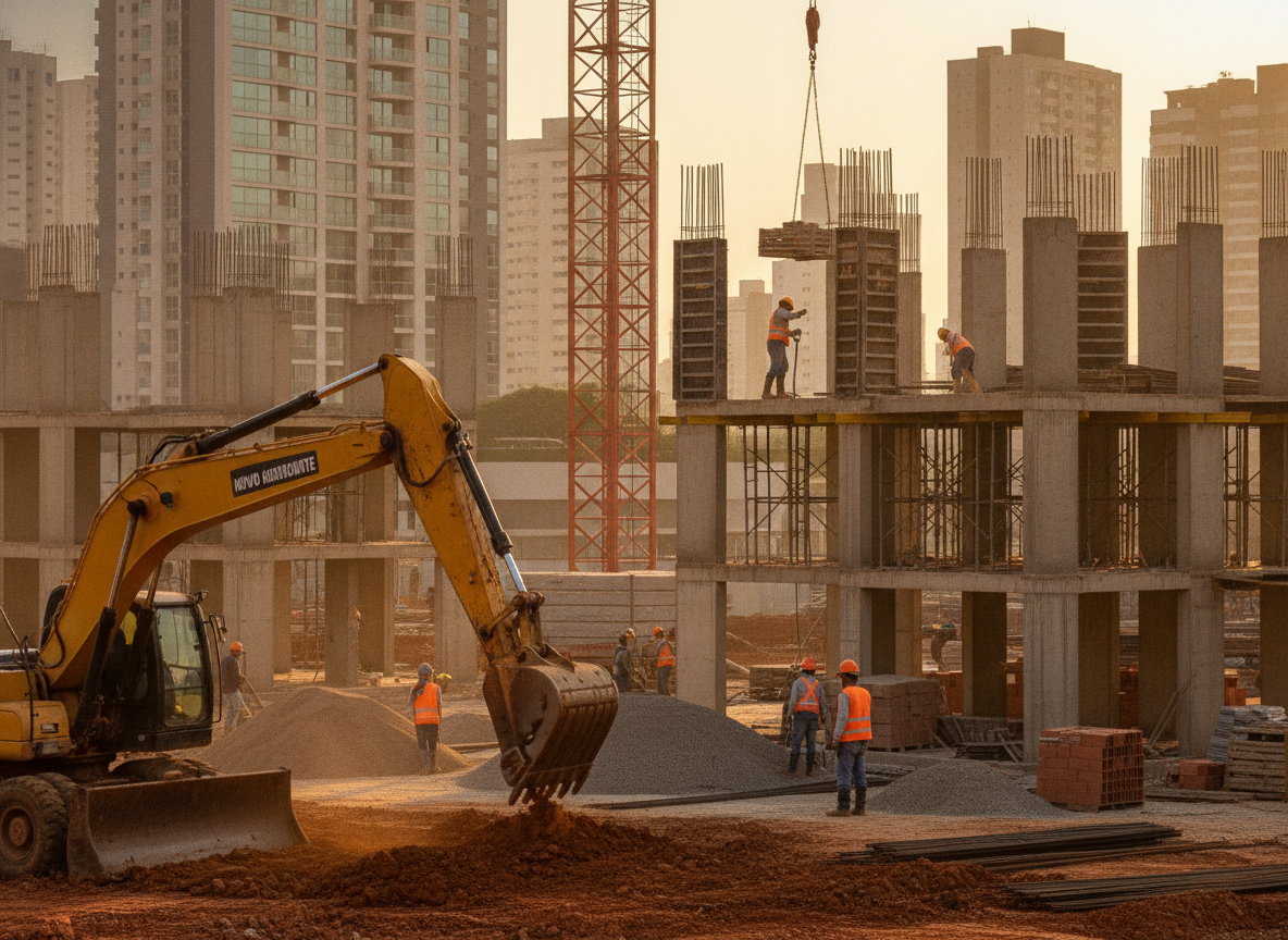 Trabalhadores em construção civil em Goiânia, prédios ao fundo. | Imagine Company - Agência de Marketing e Vendas em Goiânia - GO - BRASIL