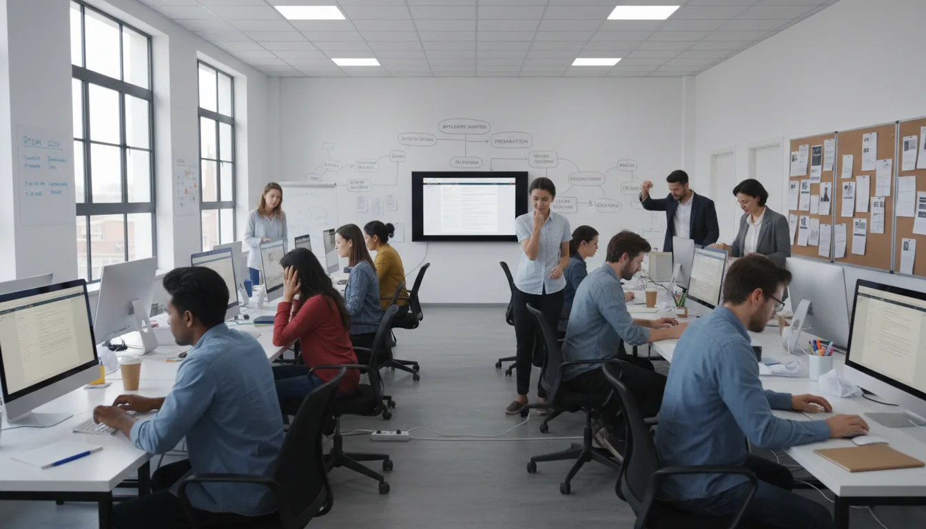 Pessoas trabalhando em um escritório moderno, simbolizando desafios na busca de emprego. | Imagine Company - Agência de Marketing e Vendas em Goiânia - GO - BRASIL