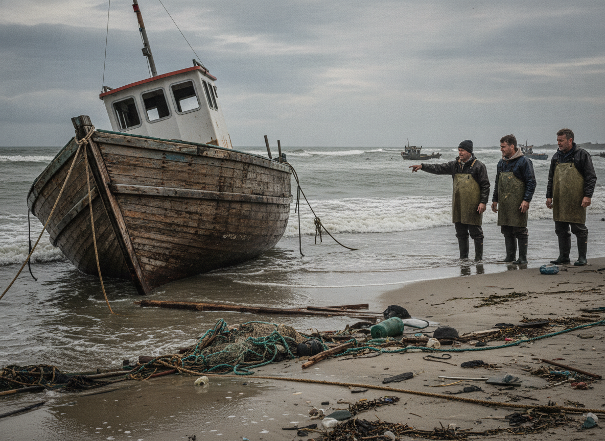 Homens observam barco encalhado na praia em SC, erosão costeira | Imagine Company - Agência de Marketing e Vendas em Goiânia - GO - BRASIL