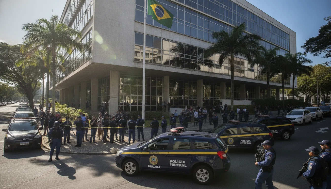 Viaturas da Polícia Federal em frente a prédio durante operação no Maranhãozinho. | Imagine Company - Agência de Marketing e Vendas em Goiânia - GO - BRASIL