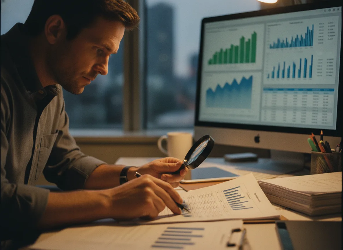 Homem usando lupa para analisar gráficos financeiros em escritório | Imagine Company - Agência de Marketing e Vendas em Goiânia - GO - BRASIL