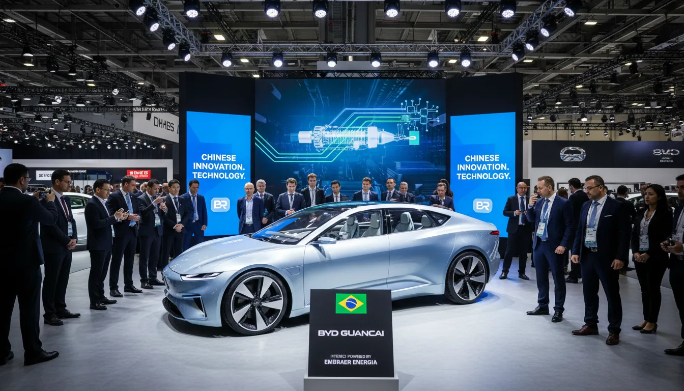Carro híbrido flex em exposição com tecnologia brasileira e marcas chinesas ao fundo | Imagine Company - Agência de Marketing e Vendas em Goiânia - GO - BRASIL