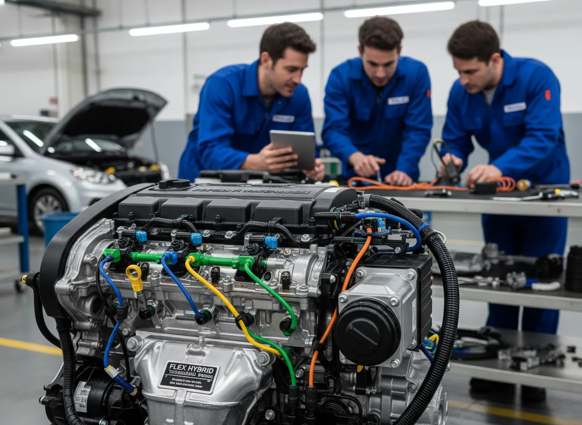 Engenheiros em oficina examinando motor híbrido flex de carro | Imagine Company - Agência de Marketing e Vendas em Goiânia - GO - BRASIL