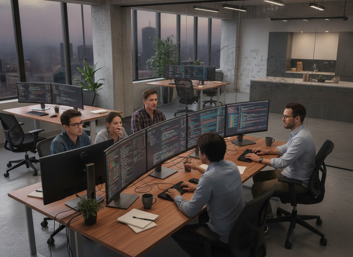 Pessoas em escritório moderno analisando dados em monitores grandes | Imagine Company - Agência de Marketing e Vendas em Goiânia - GO - BRASIL