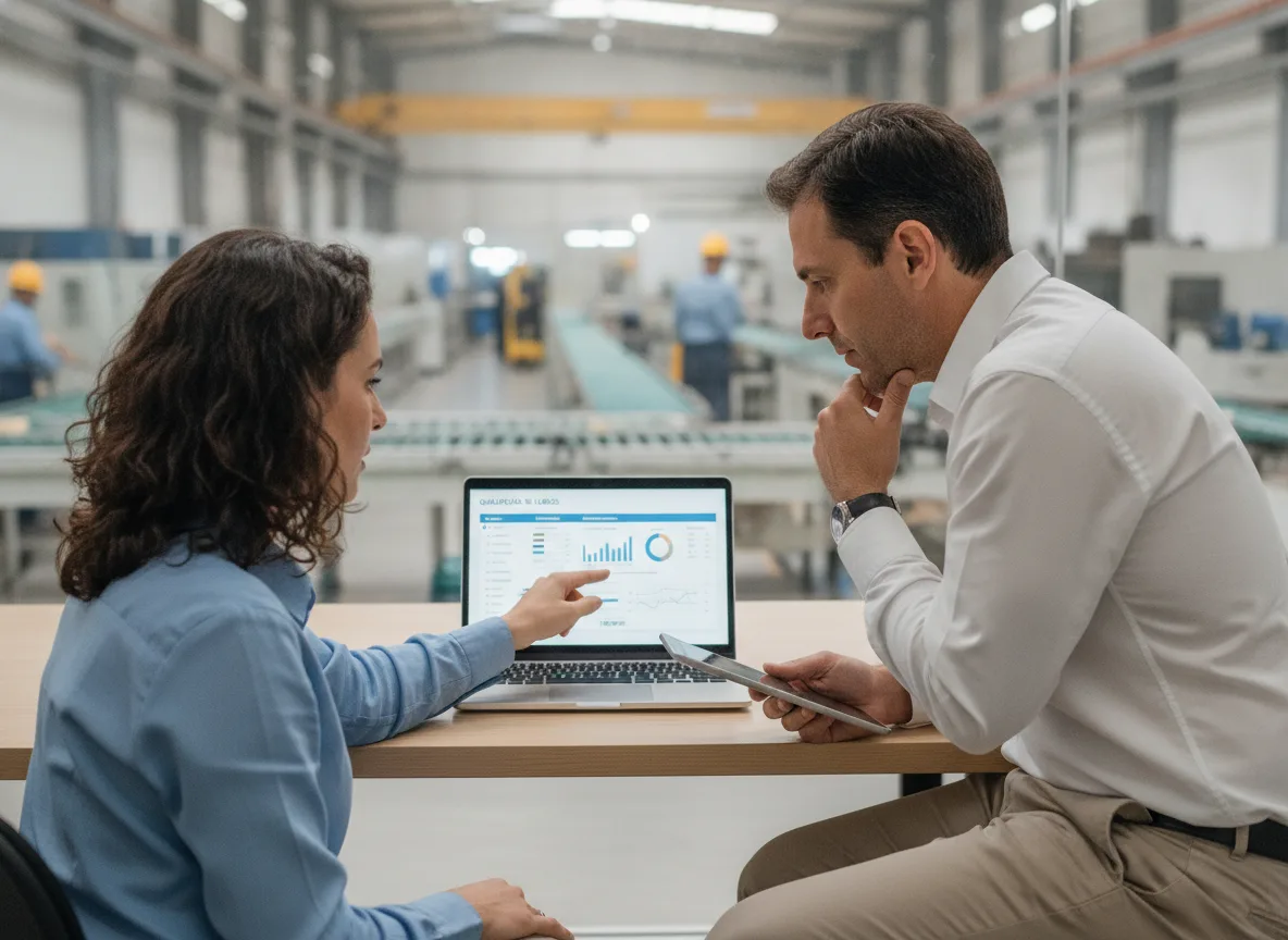 Duas pessoas analisando dados de marketing B2B em um laptop em ambiente industrial | Imagine Company - Agência de Marketing e Vendas em Goiânia - GO - BRASIL