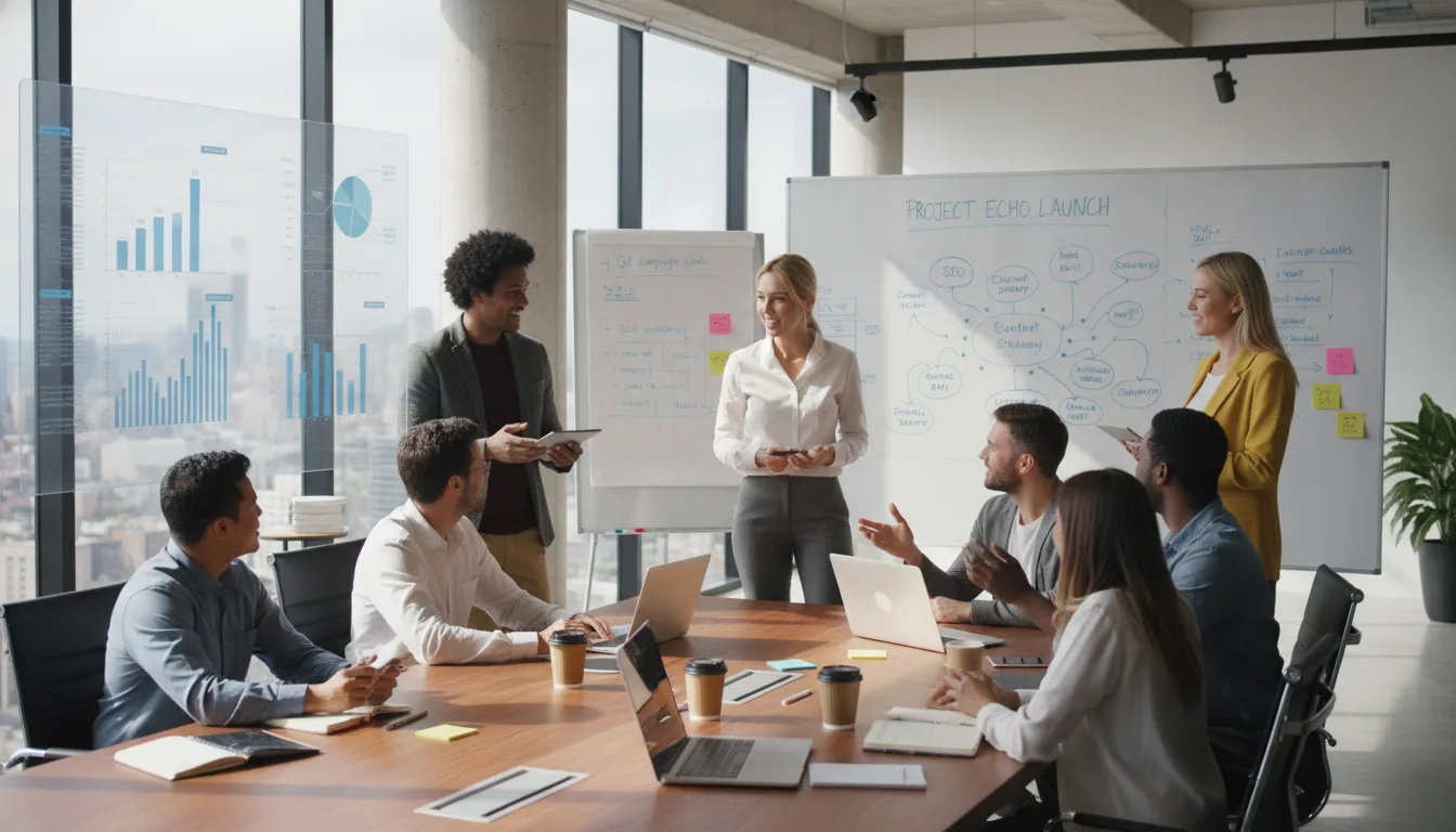 Profissionais em reunião de marketing discutindo estratégias de conteúdo | Imagine Company - Agência de Marketing e Vendas em Goiânia - GO - BRASIL