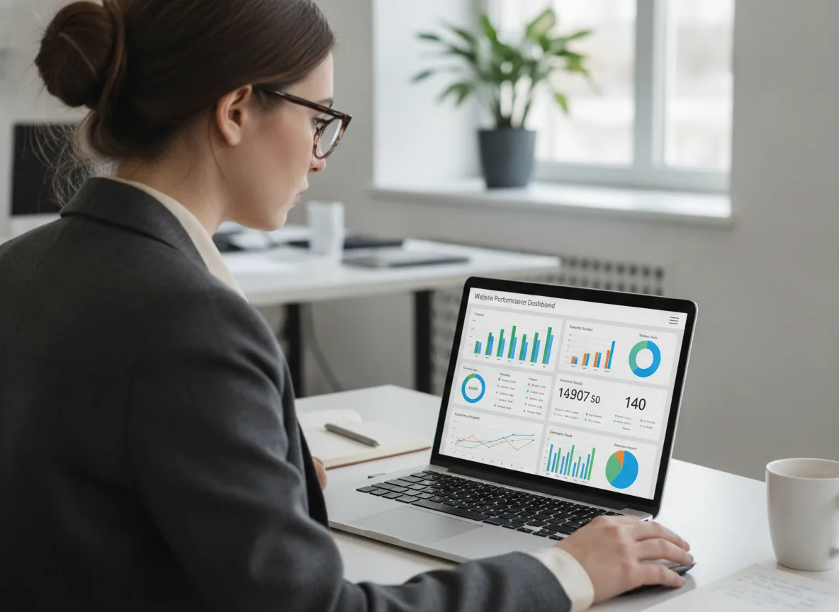 Mulher analisando gráficos de desempenho de site em laptop no escritório | Imagine Company - Agência de Marketing e Vendas em Goiânia - GO - BRASIL