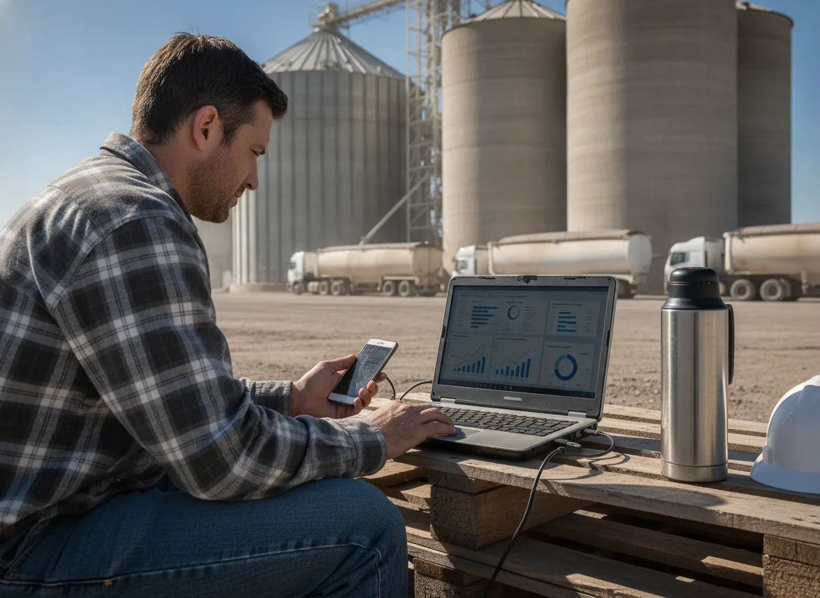 Homem usando laptop e celular em área agrícola com silos ao fundo | Imagine Company - Agência de Marketing e Vendas em Goiânia - GO - BRASIL