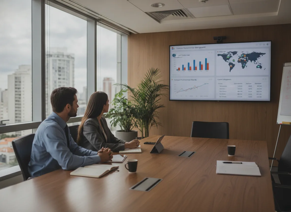 Duas pessoas analisando gráficos de logística em uma sala de reunião | Imagine Company - Agência de Marketing e Vendas em Goiânia - GO - BRASIL