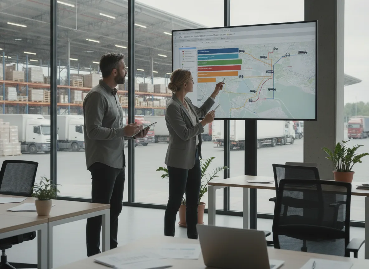 Dois profissionais discutem plano logístico em tela digital em escritório de transportadora | Imagine Company - Agência de Marketing e Vendas em Goiânia - GO - BRASIL