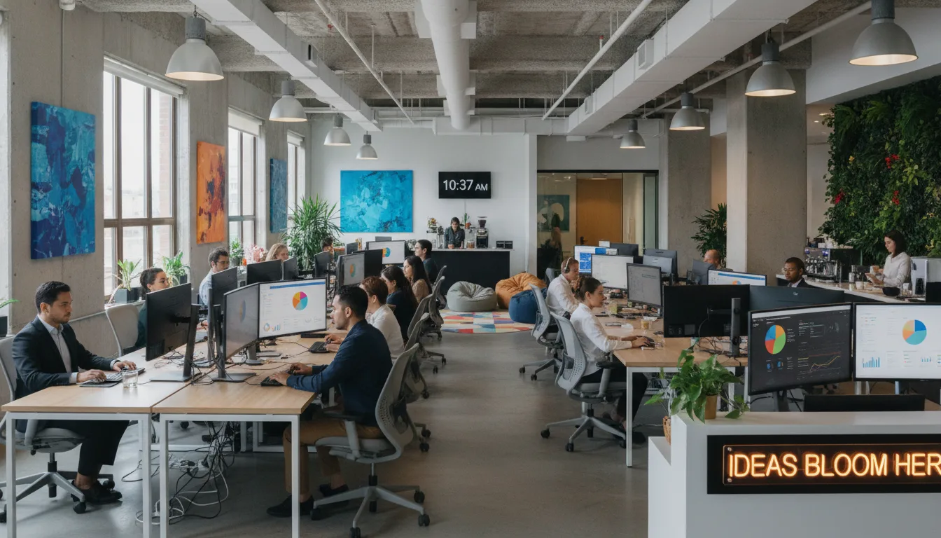 Profissionais em um escritório moderno trabalhando em computadores com gráficos de dados | Imagine Company - Agência de Marketing e Vendas em Goiânia - GO - BRASIL