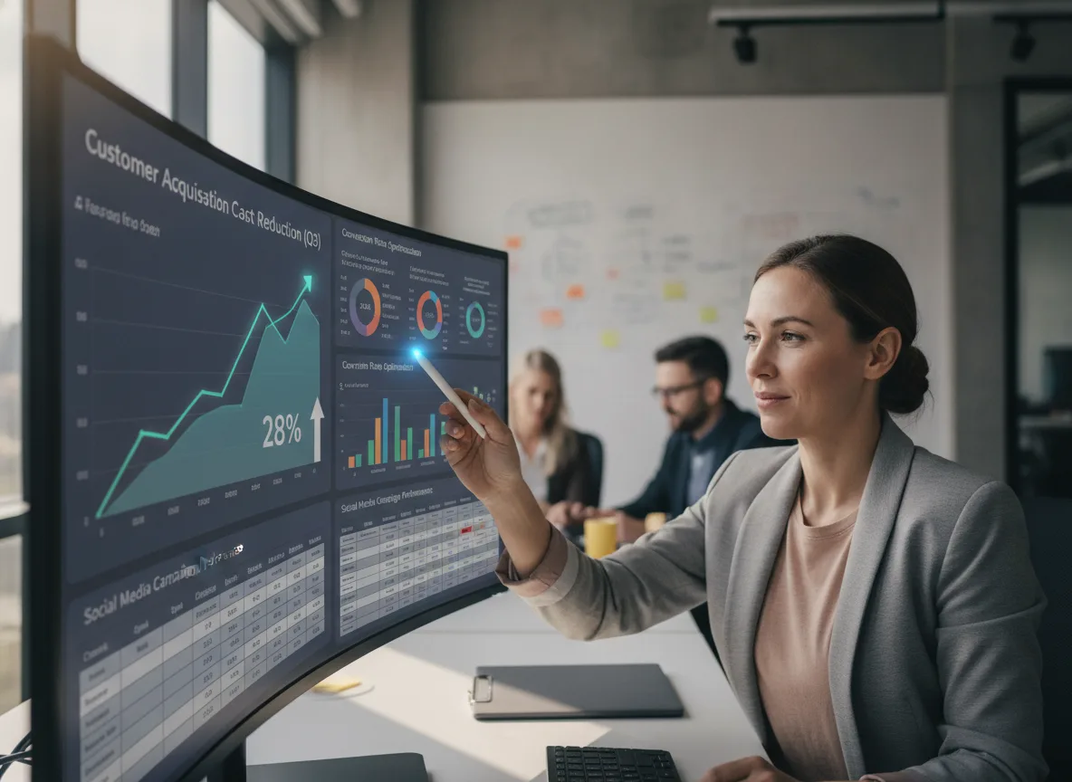 Mulher analisando gráficos de ROI em tela de computador | Imagine Company - Agência de Marketing e Vendas em Goiânia - GO - BRASIL
