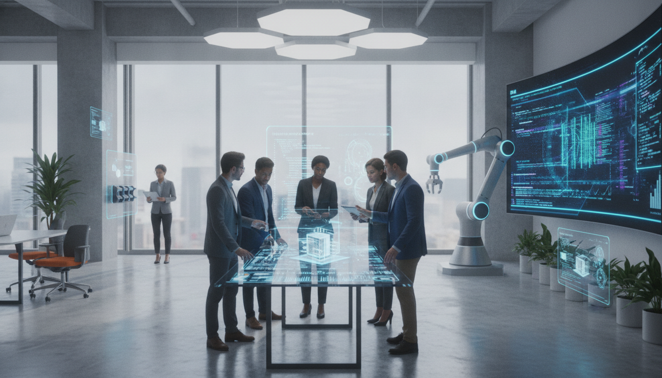 Profissionais discutindo impacto da IA em empregos em sala moderna | Imagine Company - Agência de Marketing e Vendas em Goiânia - GO - BRASIL