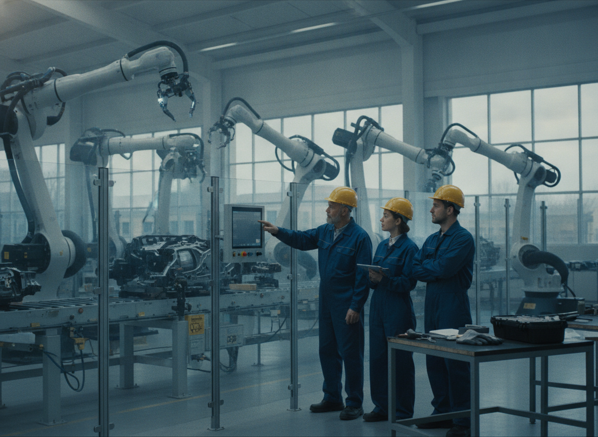 Trabalhadores em fábrica com robôs industriais, discutindo automação | Imagine Company - Agência de Marketing e Vendas em Goiânia - GO - BRASIL