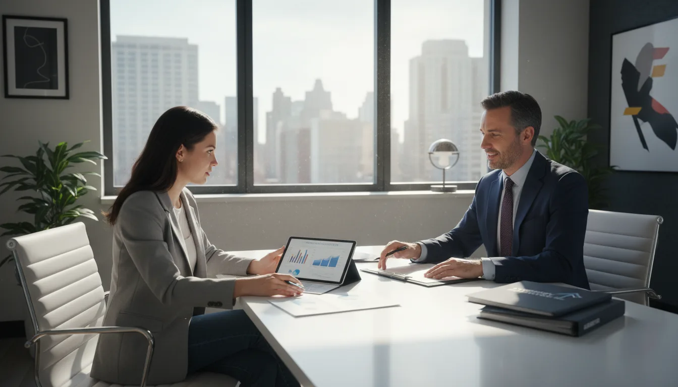 Duas pessoas discutindo gráficos em um escritório moderno. | Imagine Company - Agência de Marketing e Vendas em Goiânia - GO - BRASIL