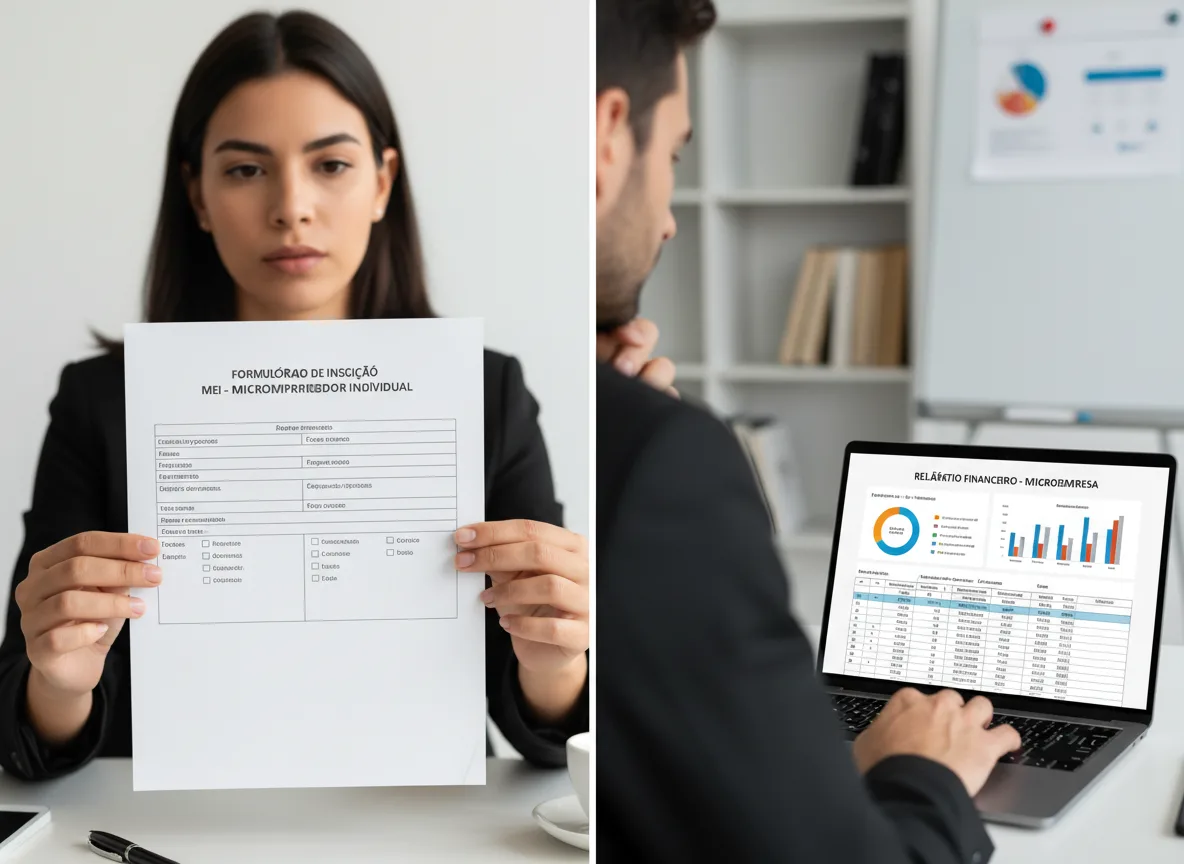 Mulher segurando formulário de MEI e homem analisando relatório de microempresa no laptop | Imagine Company - Agência de Marketing e Vendas em Goiânia - GO - BRASIL