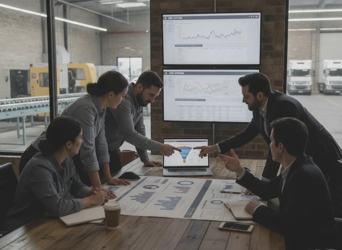 Profissionais discutindo gráficos de CRM em sala de reunião industrial | Imagine Company - Agência de Marketing e Vendas em Goiânia - GO - BRASIL