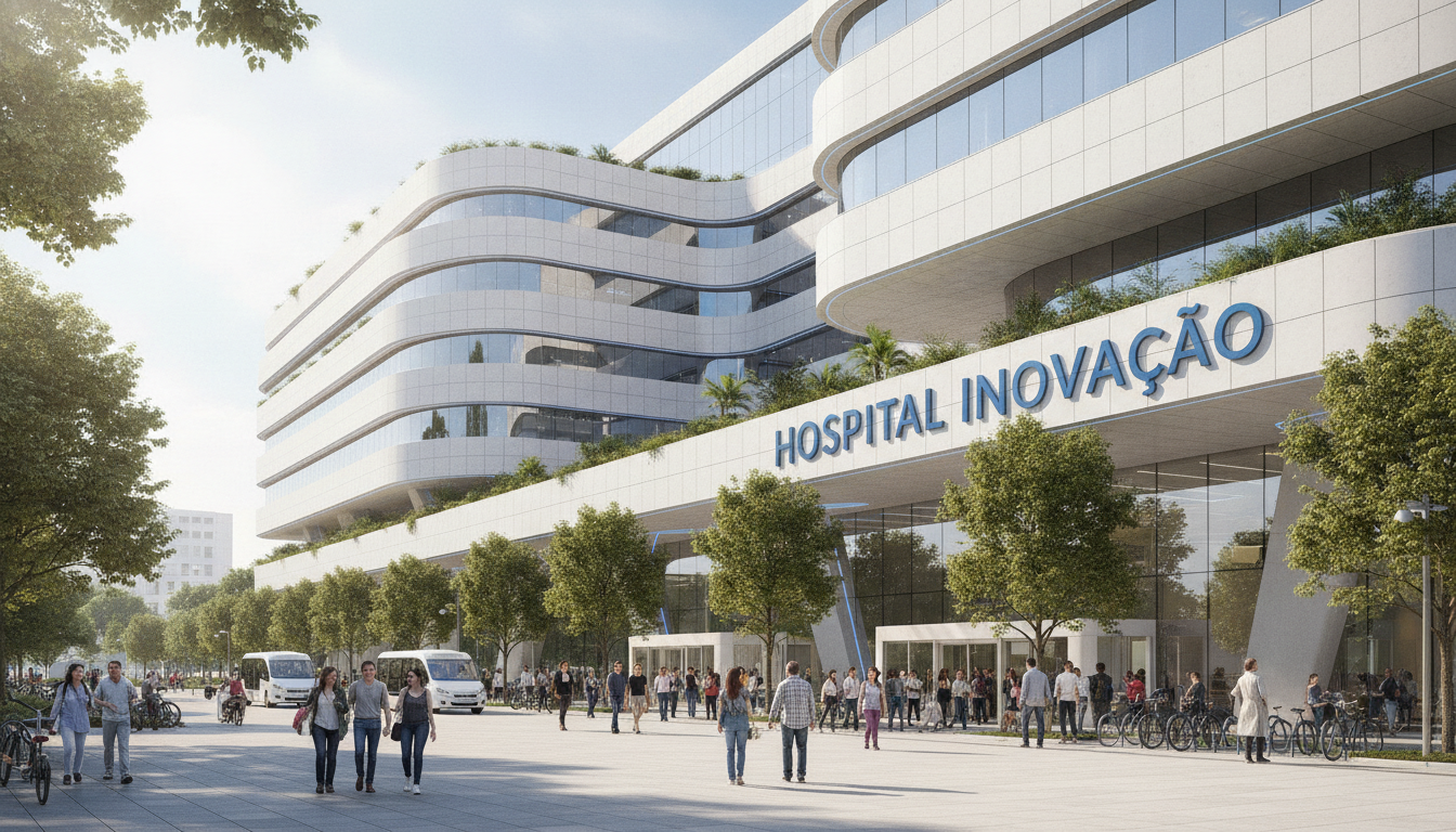Fachada moderna de hospital público em Porto Alegre com pessoas e vegetação. | Imagine Company - Agência de Marketing e Vendas em Goiânia - GO - BRASIL