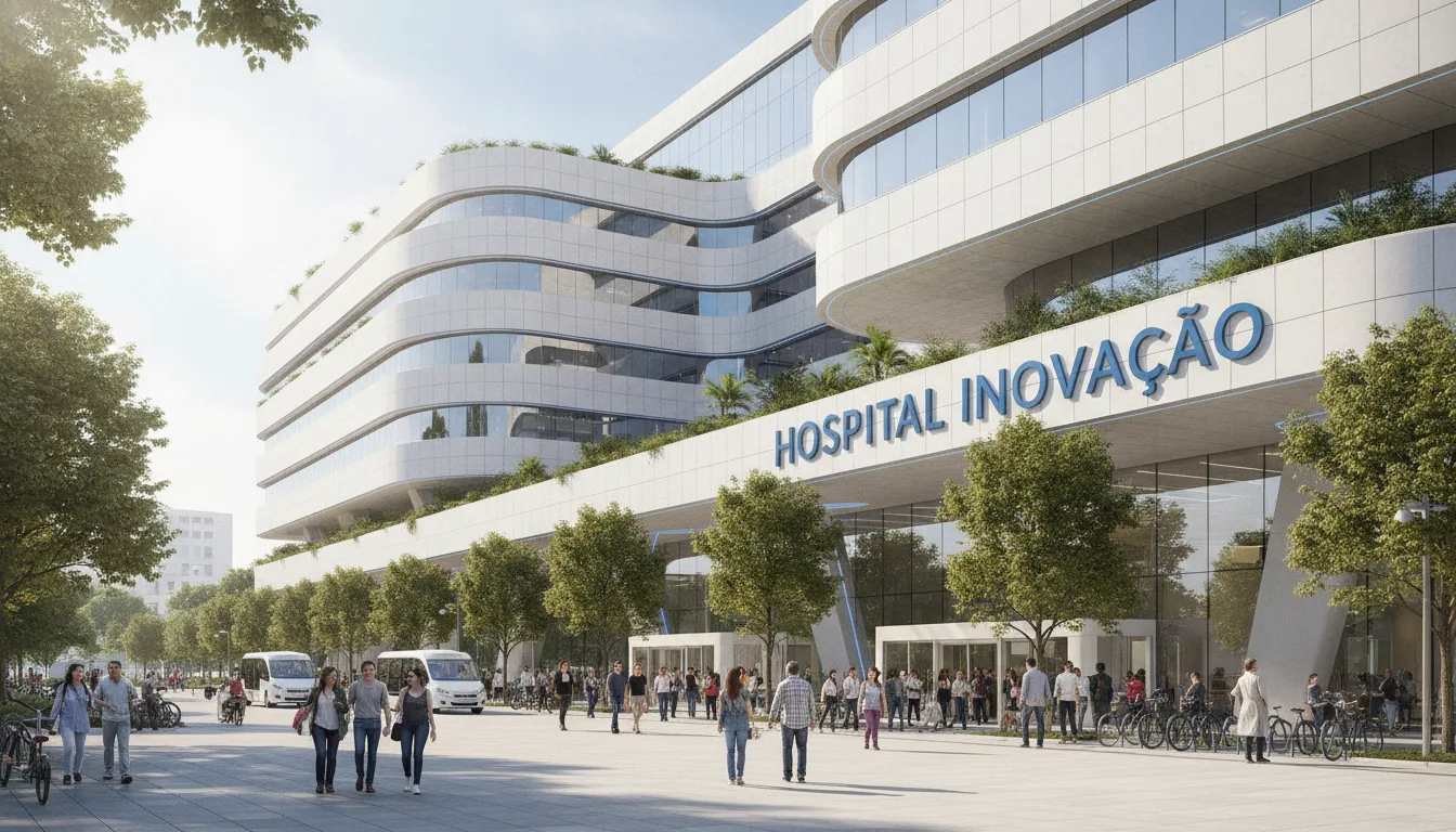 Fachada moderna de hospital público em Porto Alegre com pessoas e vegetação. | Imagine Company - Agência de Marketing e Vendas em Goiânia - GO - BRASIL