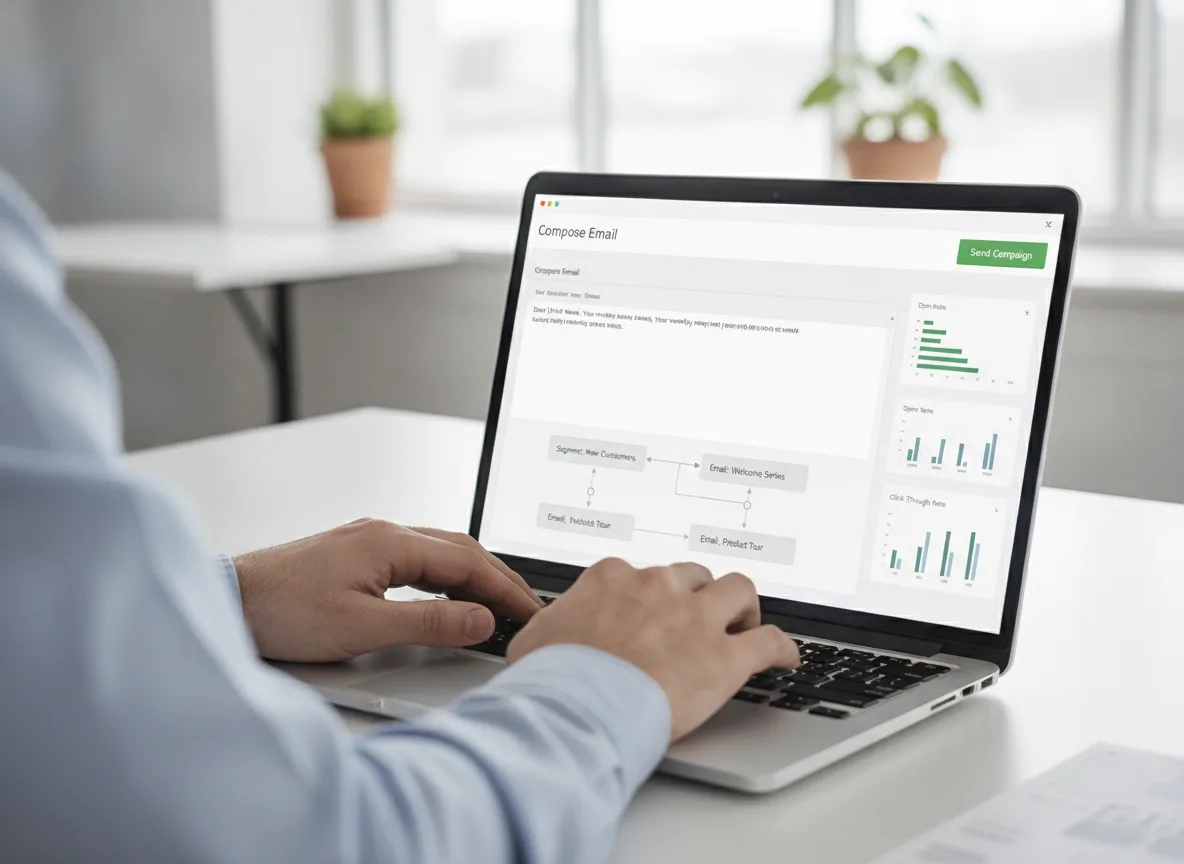 Pessoa configurando automação de e-mail em laptop para conversão de leads | Imagine Company - Agência de Marketing e Vendas em Goiânia - GO - BRASIL