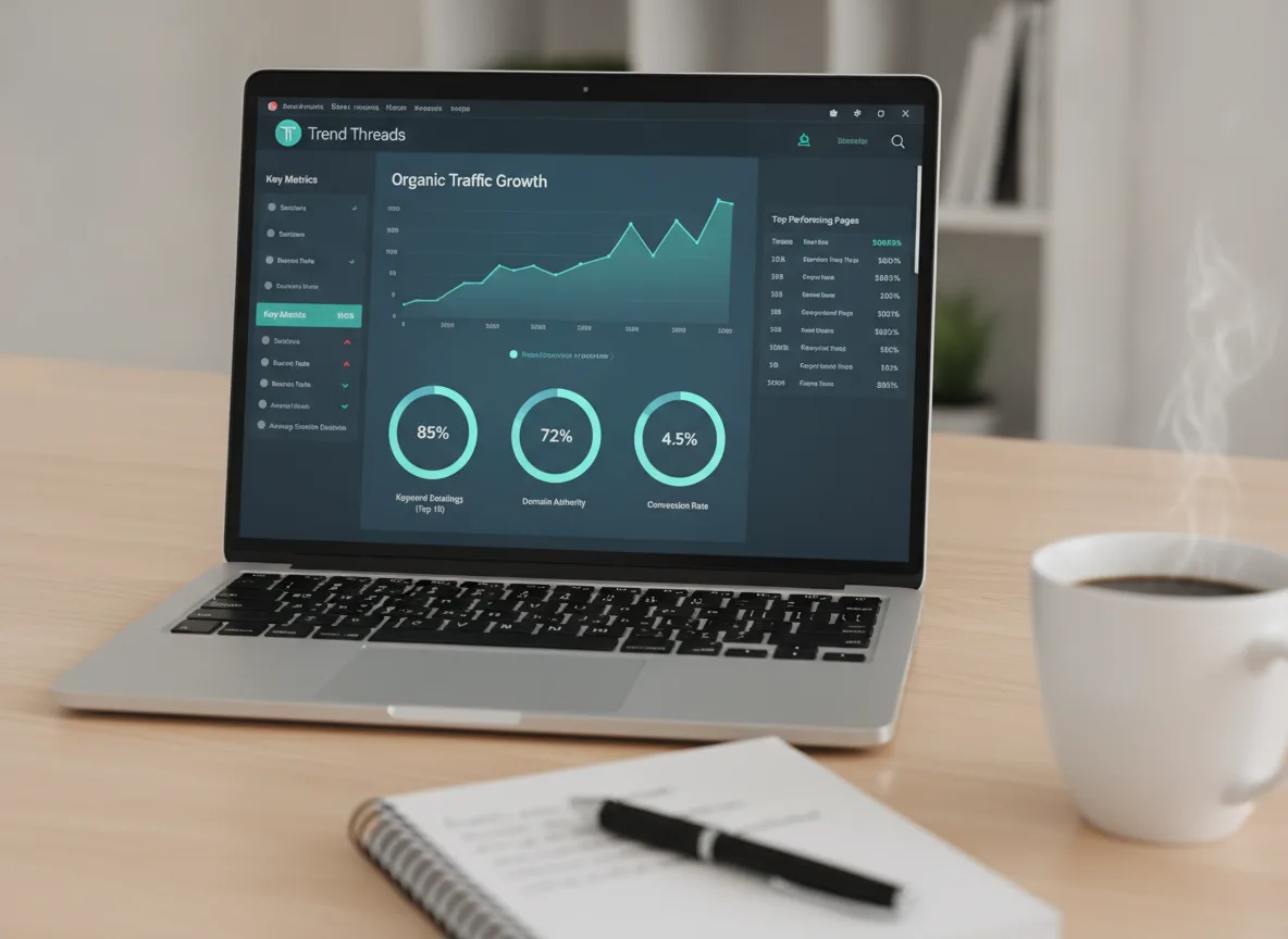 Laptop com gráfico de crescimento de tráfego orgânico e caderno ao lado | Imagine Company - Agência de Marketing e Vendas em Goiânia - GO - BRASIL