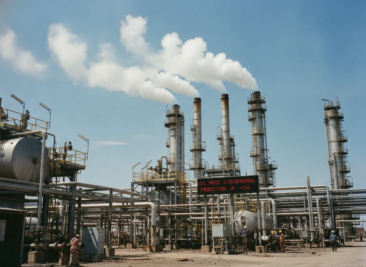 Refinaria de petróleo com chaminés e preço do barril acima de US$ 90 | Imagine Company - Agência de Marketing e Vendas em Goiânia - GO - BRASIL